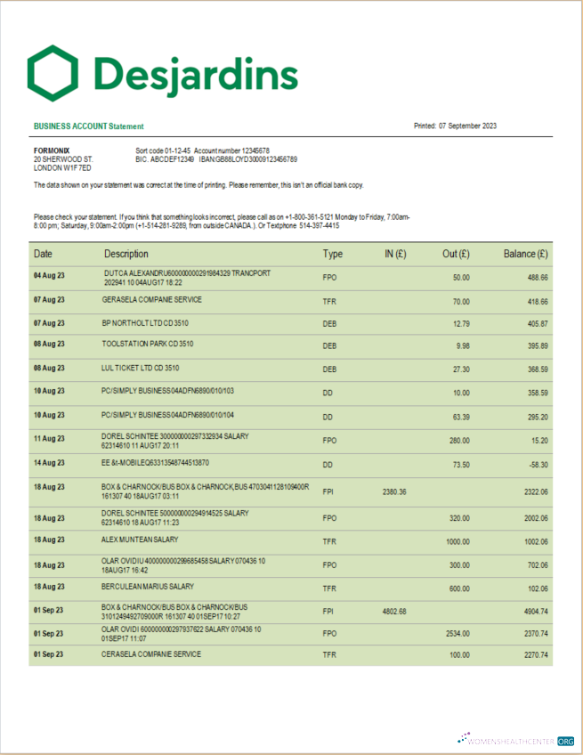Download Desjardins Bank corporate checking account statement Word and PDF template Photoshop template